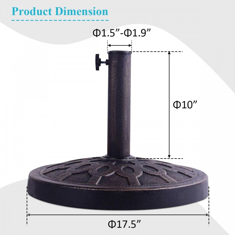 Heavy-duty 30lbs patio umbrella base with decorative pattern, bronze finish, and dimensions of 17.5 inches wide.