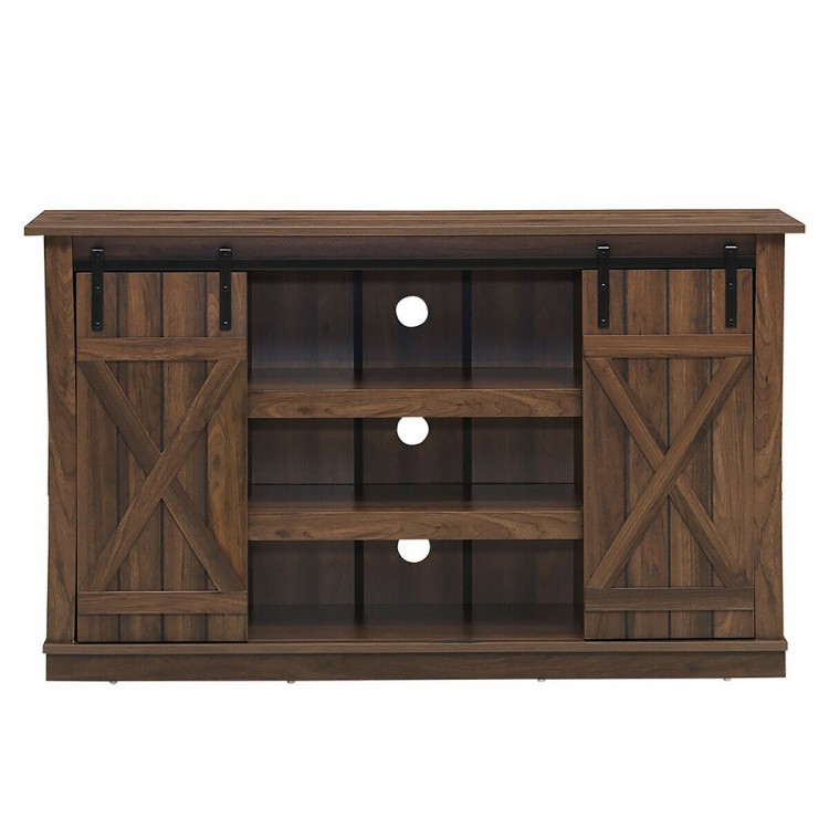 Sliding barn TV stand console table in brown with rustic doors, accommodating TVs up to 60" and featuring cable.