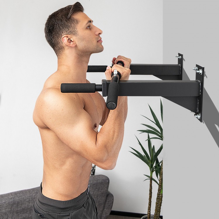 Wall-mounted multi-grip pull-up bar with foam handgrips for versatile upper and lower body workouts at home.