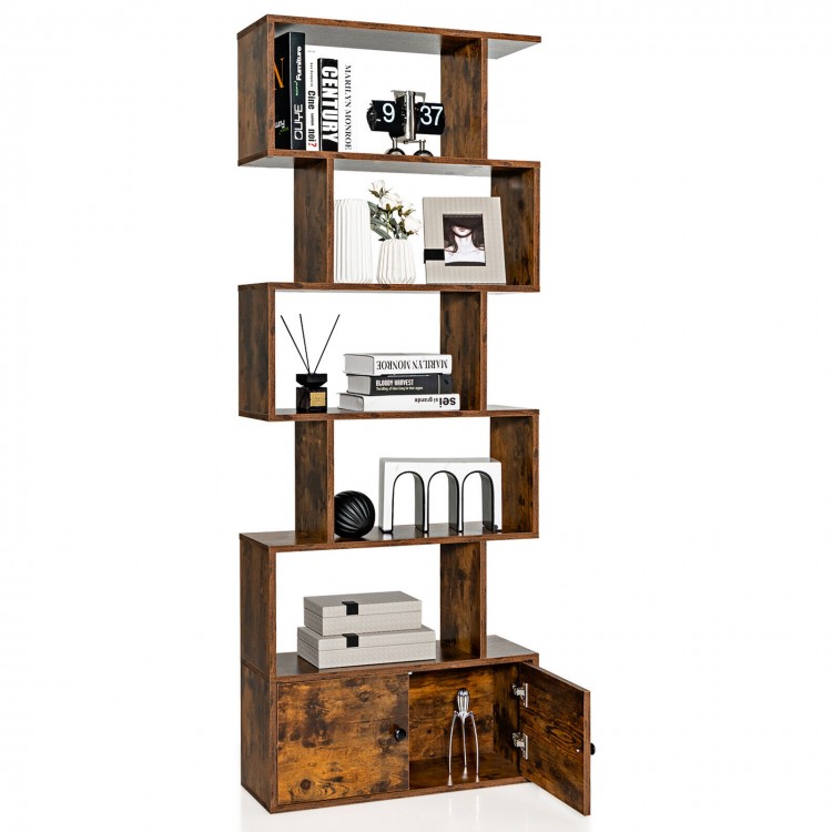 S-shaped 6-tier freestanding bookshelf in coffee finish with 5 open shelves and a closed cabinet for versatile storage.