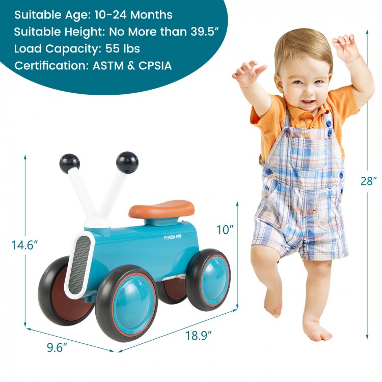 Baby balance bike in blue with 4 wheels, non-slip handlebars, and cushioned seat for kids aged 10-24 months.