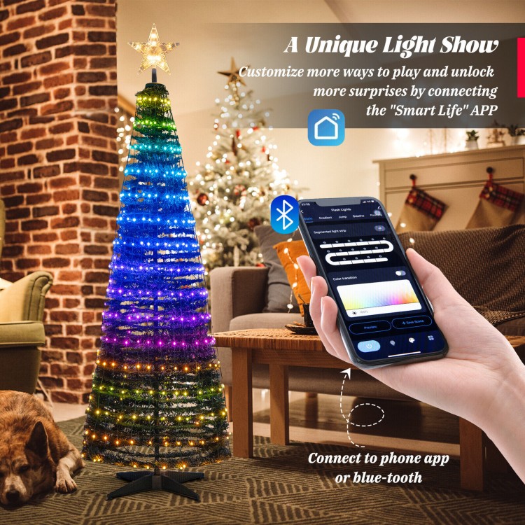 6.2 feet pop-up lighted Christmas tree with 282 RGB LED lights, featuring smart app control for festive lighting.