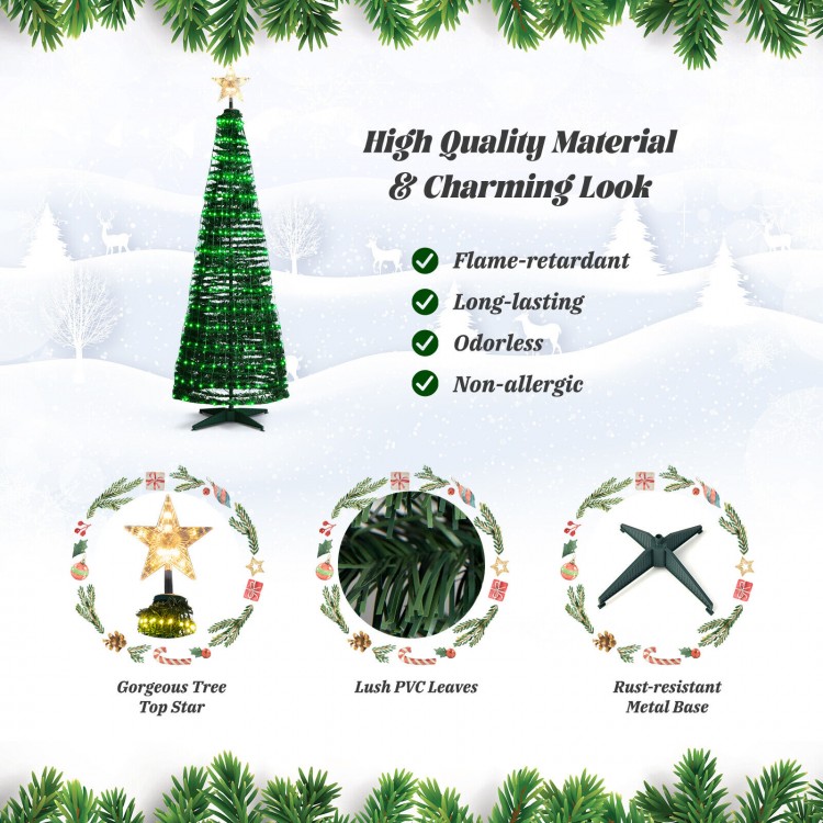 6.2 feet pop-up lighted Christmas tree with 282 RGB LED lights, featuring a star top and durable flame-retardant PVC.