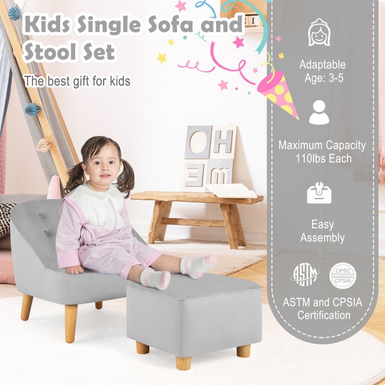 Kids single sofa chair with ottoman in gray, soft velvet upholstery, perfect for ages 3-5, ideal for playrooms and.