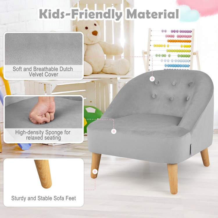 Soft gray velvet kids sofa chair with ottoman, featuring a barrel backrest and sturdy wooden legs for comfortable.
