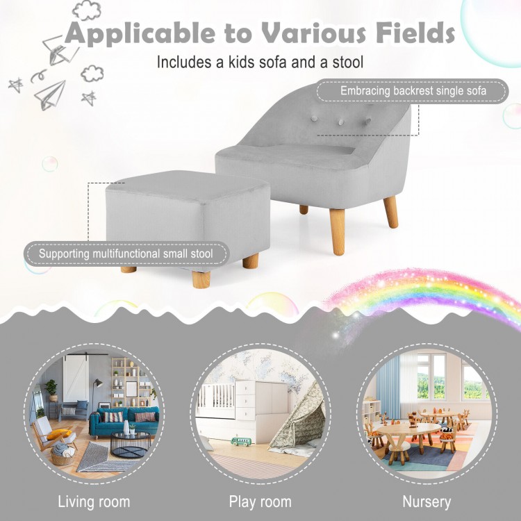 Kids sofa chair with ottoman in gray velvet, featuring a barrel backrest for comfort, perfect for playrooms and.
