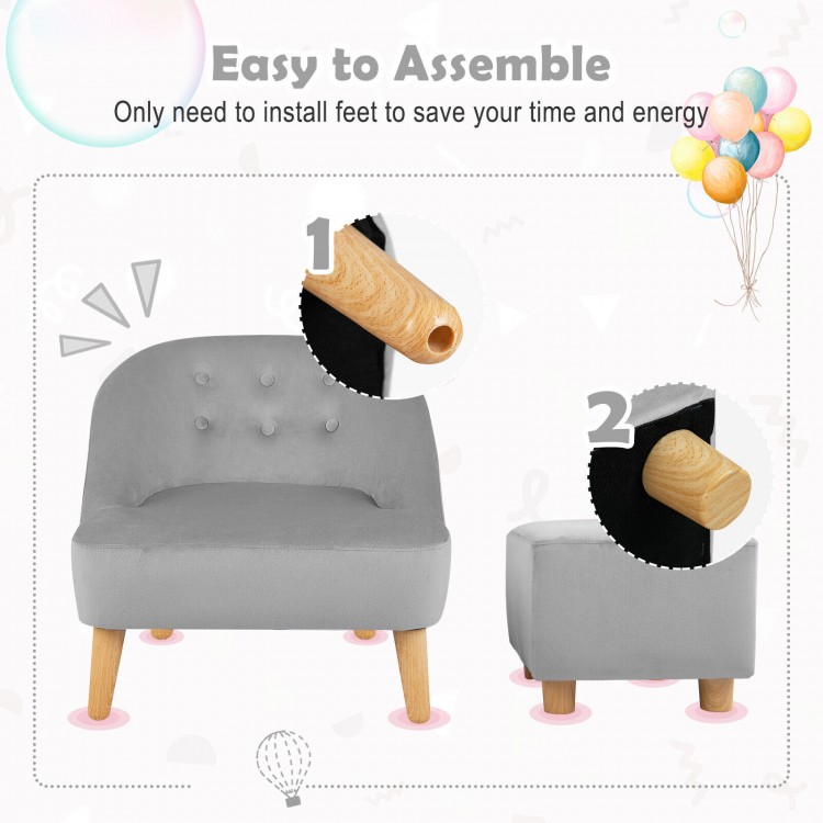 Soft velvet kids sofa chair with ottoman in gray, featuring easy assembly and ergonomic design for comfort and support.