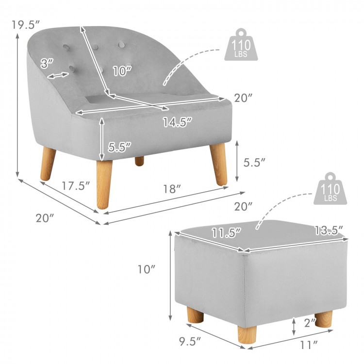 Soft velvet upholstered kids sofa chair with ottoman in gray, featuring a barrel backrest and sturdy wooden legs for.