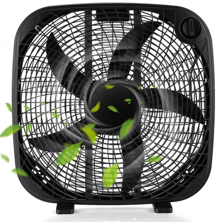 20-inch black box fan with 3 speed settings and knob control, designed for efficient airflow and easy portability.