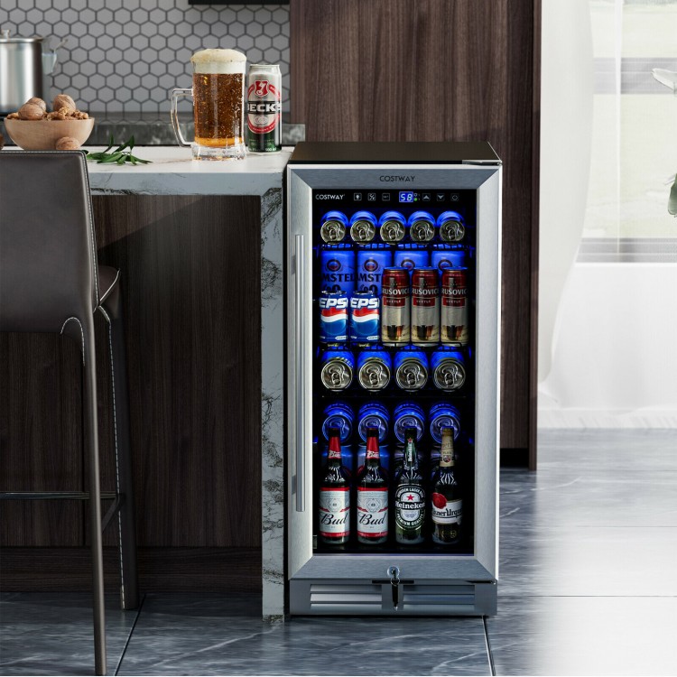 15-inch beverage cooler with transparent glass door, showcasing 100 cans and blue LED lights for stylish visibility.