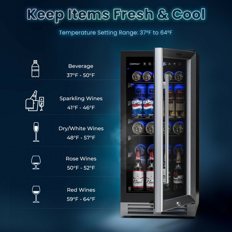 15-inch beverage cooler with adjustable shelves, holding 100 cans, featuring a sleek design and blue LED lights.