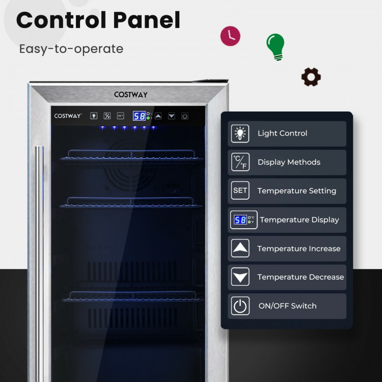 Control panel of the 15-inch beverage cooler with adjustable temperature and LCD display for easy operation.