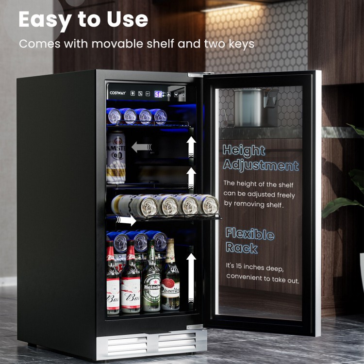 15-inch beverage cooler with adjustable shelves, holding 100 cans, featuring a lockable glass door and blue LED lights.
