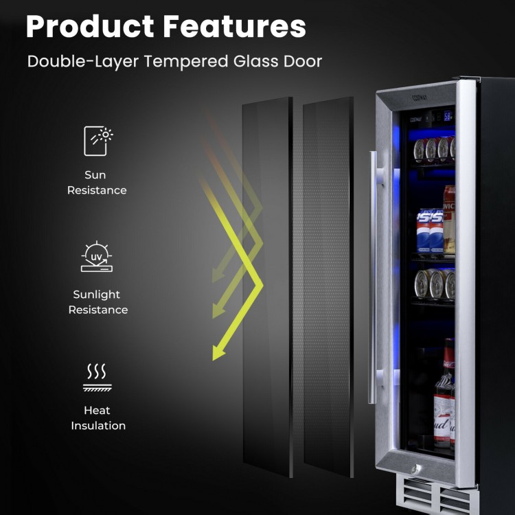 15-inch beverage cooler with double-layer tempered glass door, adjustable shelves, and blue LED lights for stylish.