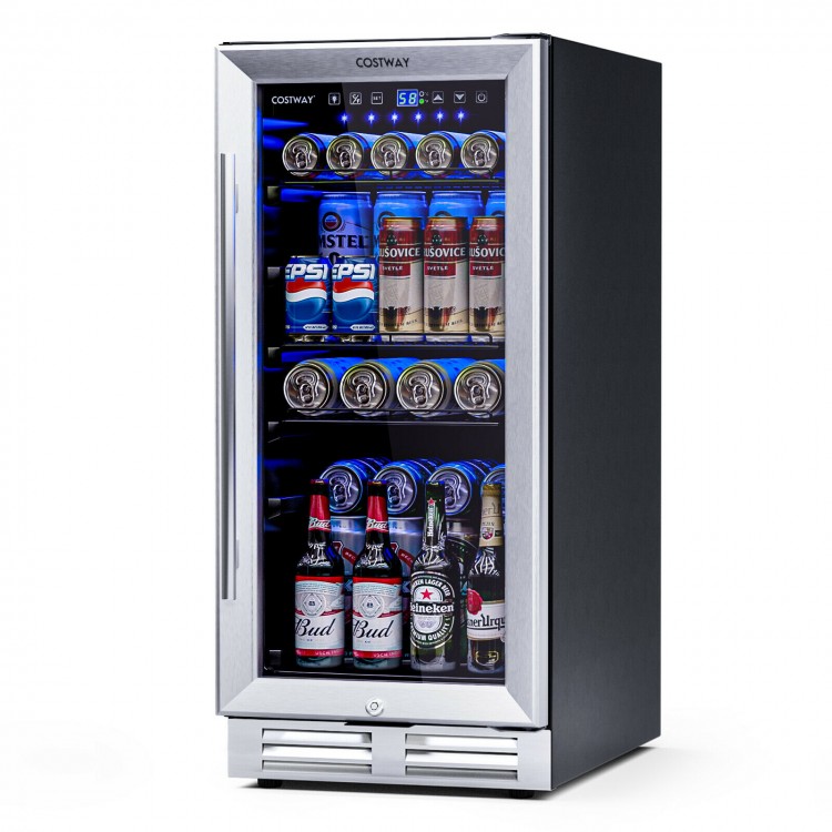 15-inch beverage cooler with fan-forced circulation and auto-defrost function, perfect for keeping drinks chilled in.