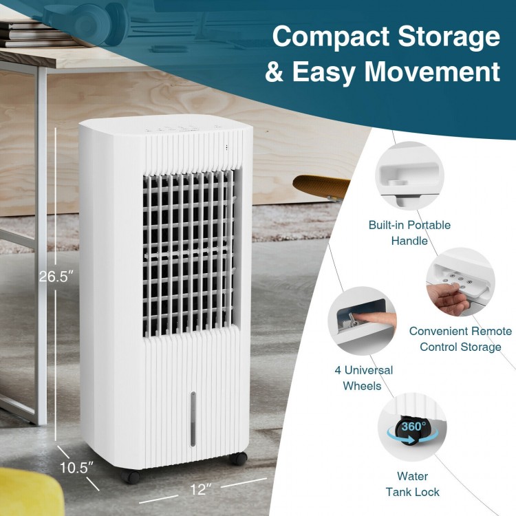 3-in-1 evaporative air cooler in white with remote control, 5L water tank, and universal wheels for easy mobility.