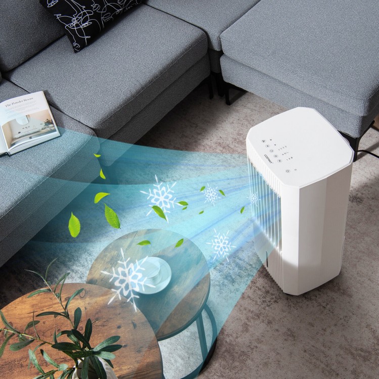 3-in-1 evaporative air cooler in white with adjustable airflow, remote control, and 5L water tank for home or office.