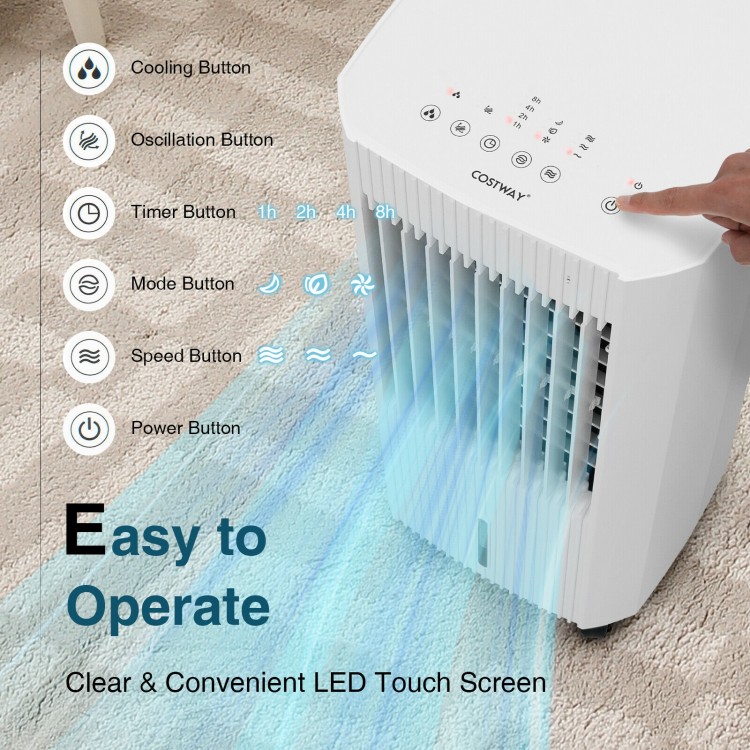 3-in-1 evaporative air cooler with LED touch screen, featuring cooling, oscillation, and timer buttons for easy.