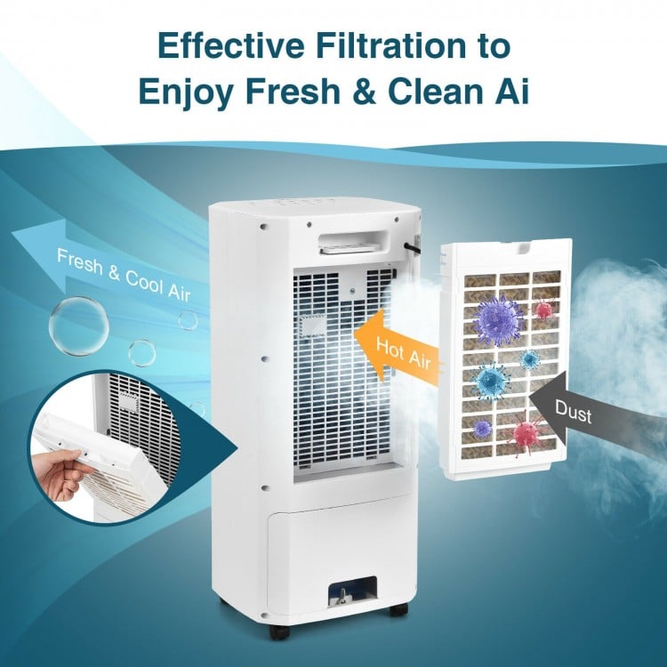 3-in-1 evaporative air cooler in white, featuring adjustable airflow, 5L water tank, and remote control for home or.
