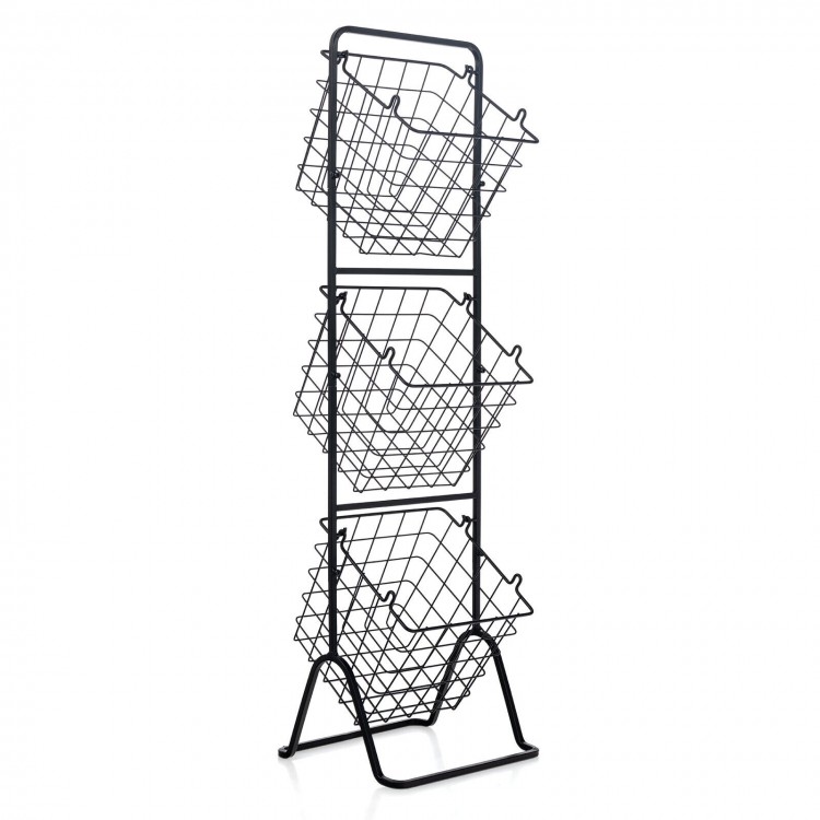 3-tier fruit basket stand with adjustable heights, featuring removable wire baskets for fresh storage in kitchen or.