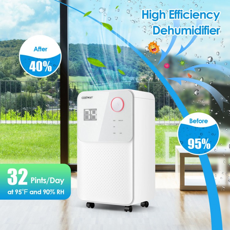32 pints dehumidifier in white with digital display, ideal for rooms up to 2000 sq.ft, for a dry and healthy.