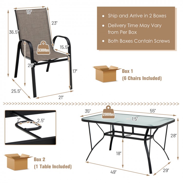 7-piece patio dining set featuring a rectangular glass table and 6 stackable chairs for outdoor gatherings.