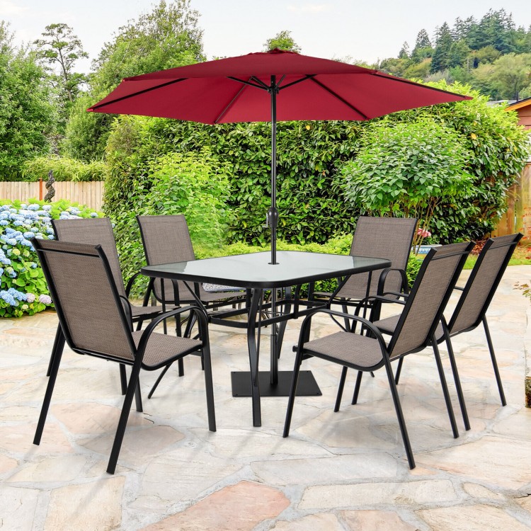 7-piece patio dining set featuring a rectangular table and 6 stackable chairs, perfect for outdoor gatherings.