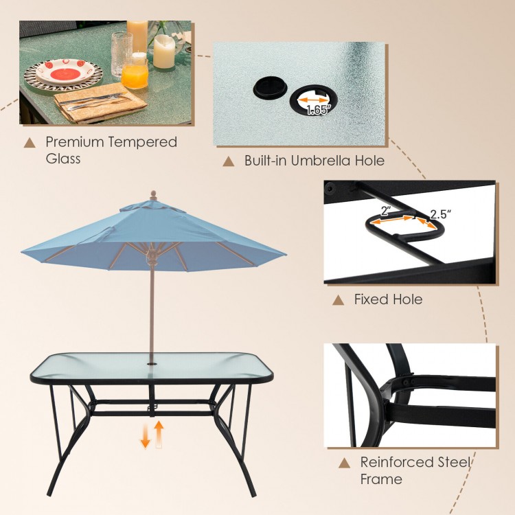 7-piece patio dining set featuring a tempered glass table, 6 stackable chairs, and a built-in 1.5" umbrella hole.