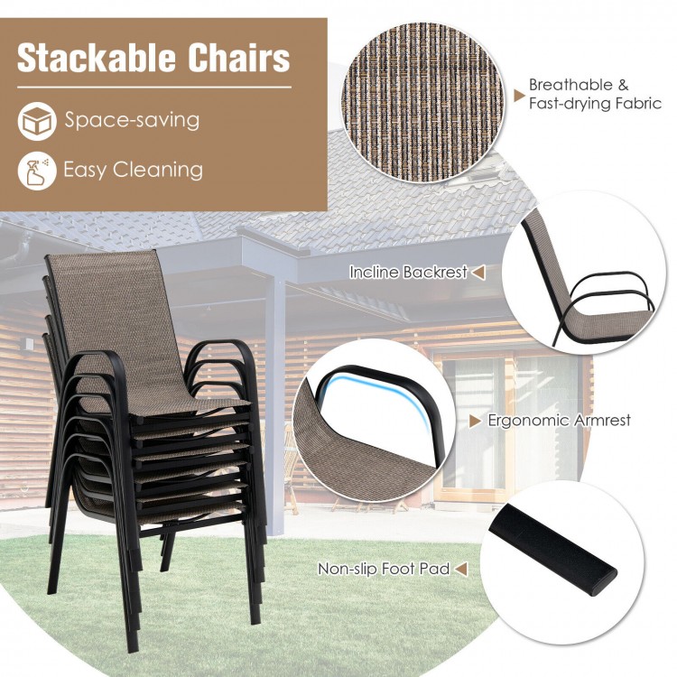 Stackable patio chairs with ergonomic armrests and breathable fabric, ideal for outdoor dining and space-saving storage.