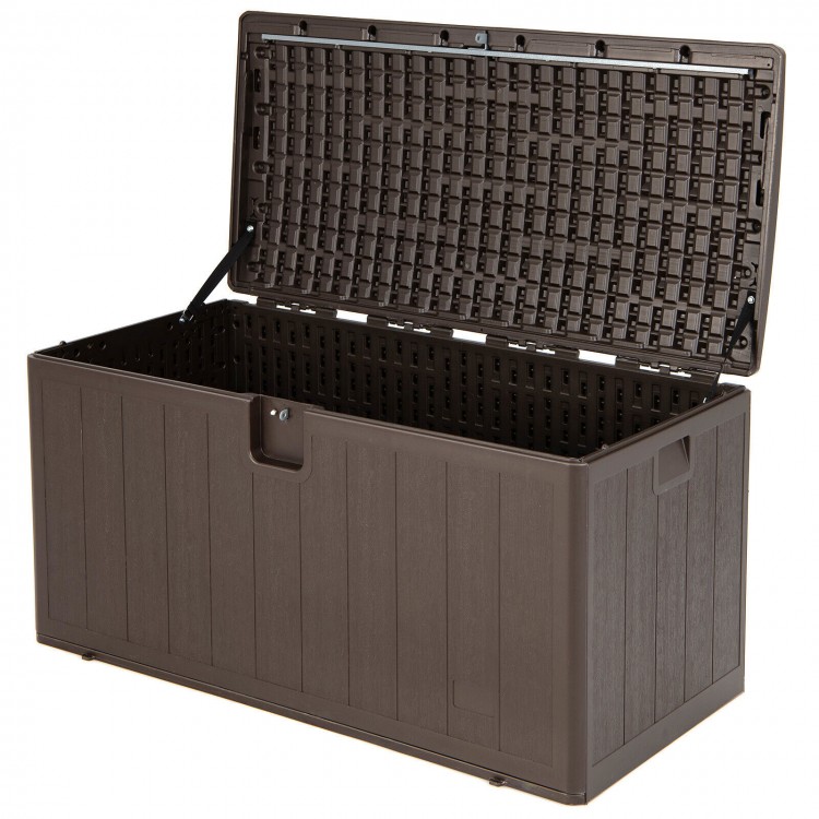 Large 105-gallon lockable deck box made of HDPE, featuring a sturdy dual-wall design and convenient side handles.