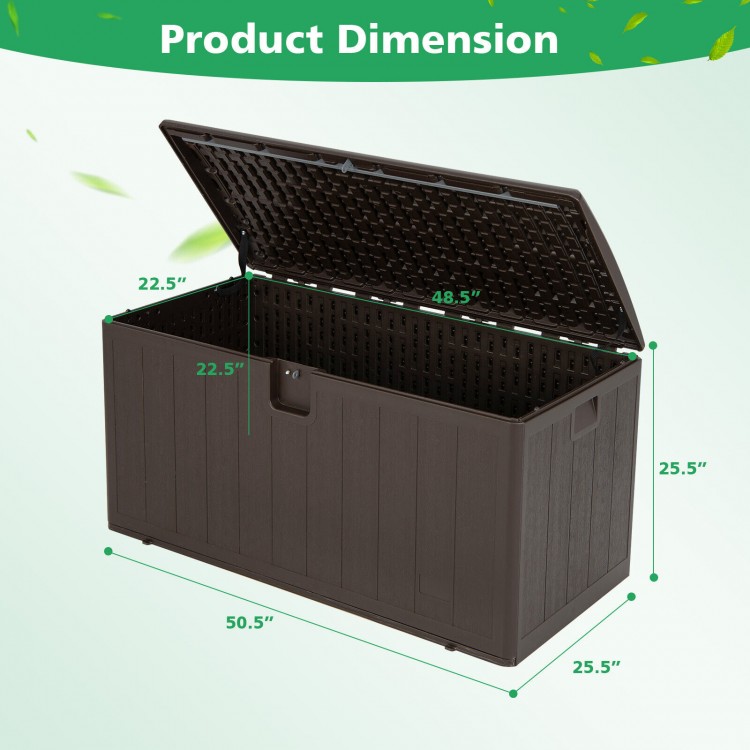 Large 105-gallon lockable deck box with dual-wall HDPE design, shown with lid open, ideal for outdoor storage.