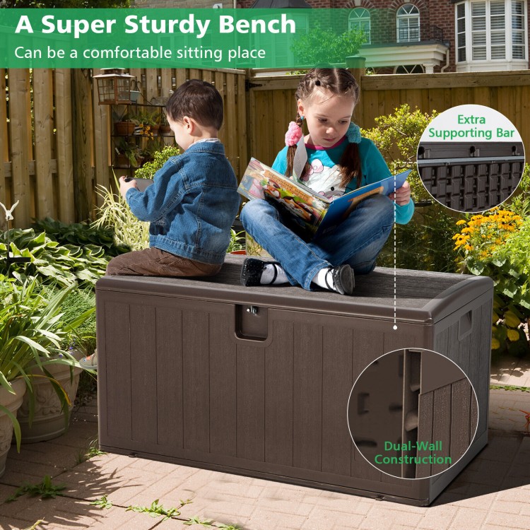 Sturdy 105-gallon lockable storage container in brown, ideal for outdoor use, with dual-wall construction and built-in.