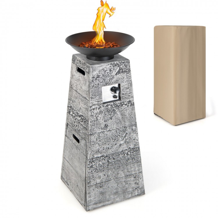 Gray 48-inch propane fire bowl column with lava rocks and PVC cover, perfect for outdoor warmth and elegance.