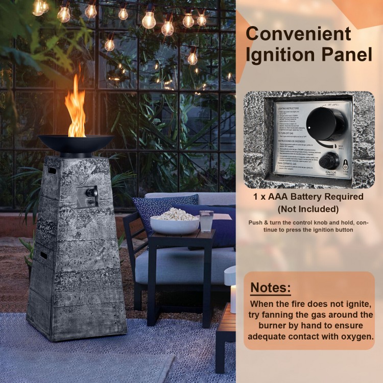 48-inch gray propane fire bowl column with convenient ignition panel and lava rocks, perfect for outdoor use.