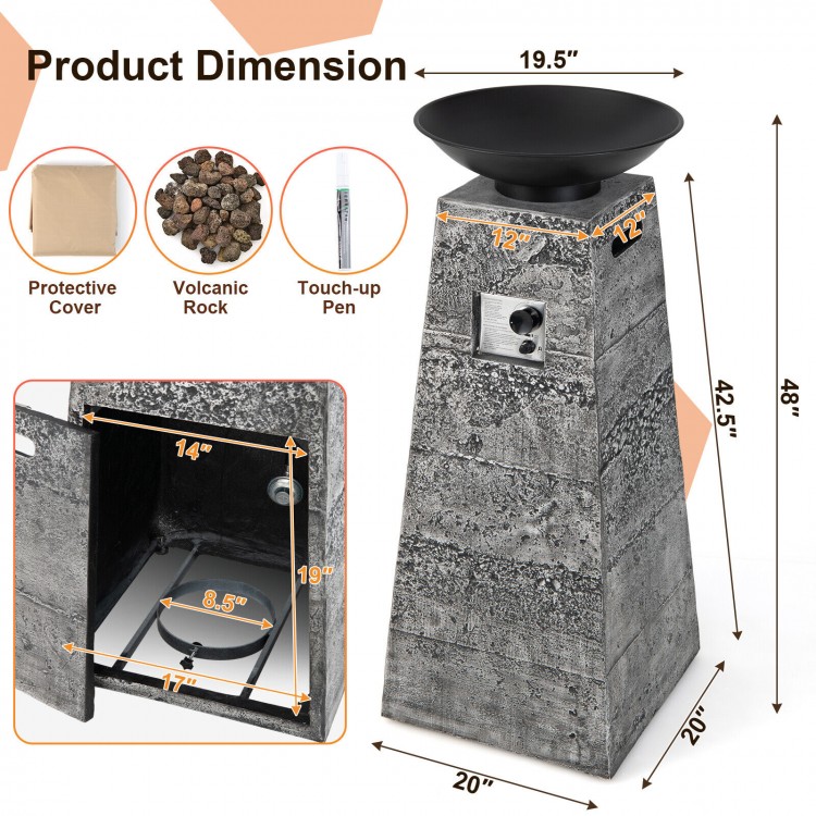 48-inch gray propane fire bowl column with stainless steel burner, lava rocks, and PVC cover for outdoor use.