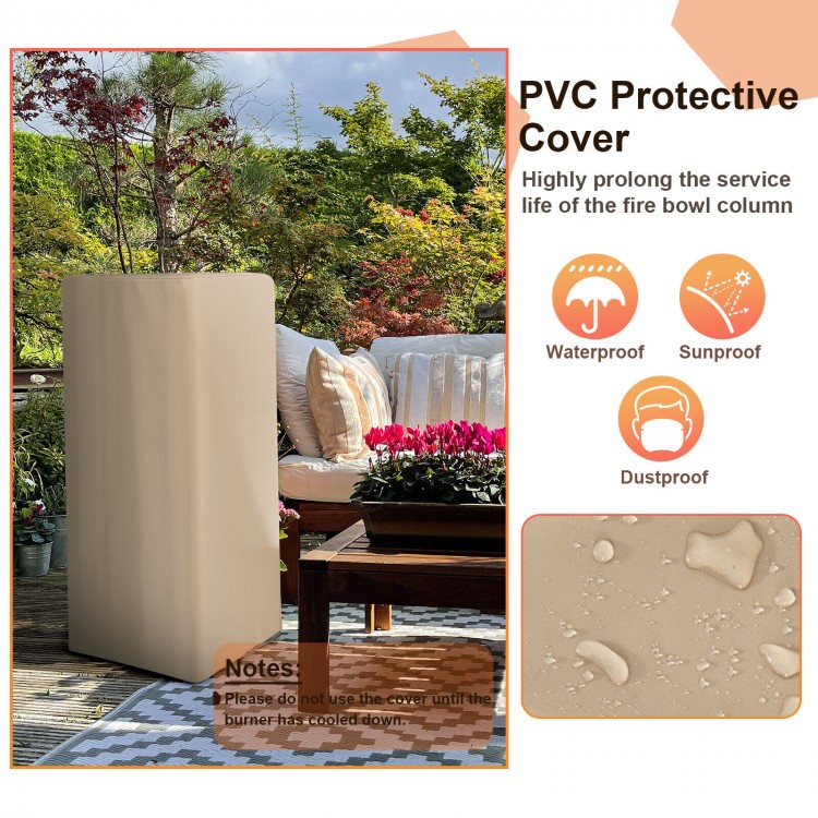 48-inch propane fire bowl column with PVC cover, designed for outdoor use, providing 30,000 BTU heat output.