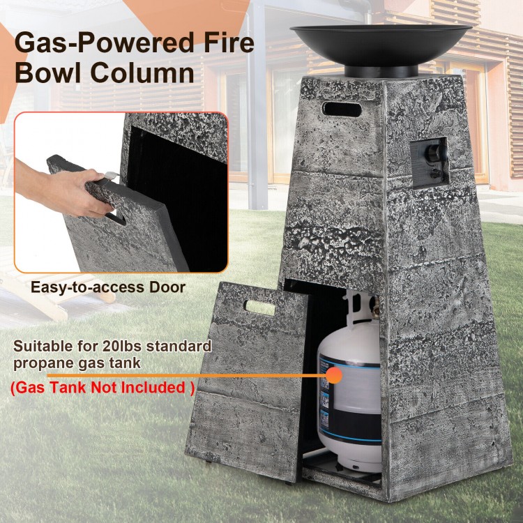 48-inch gray propane fire bowl column with easy-access door, 30,000 BTU output, perfect for outdoor use.