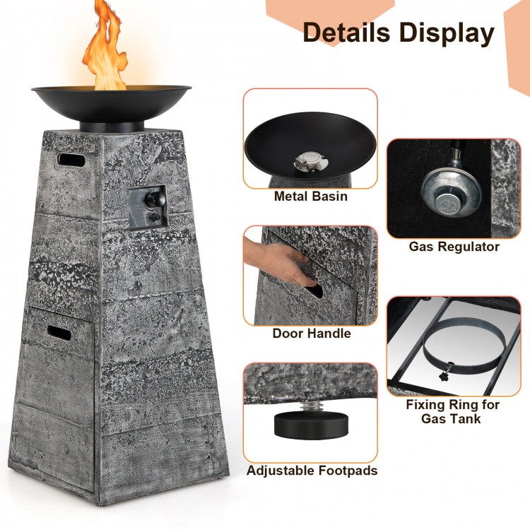 48-inch gray propane fire bowl column with metal basin, stainless steel burner, and adjustable footpads for outdoor use.