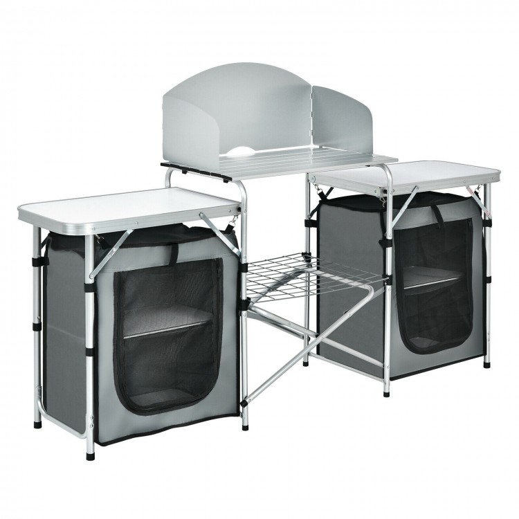 Folding camping table with storage organizer in gray, featuring two side tables and a large heat-resistant countertop.