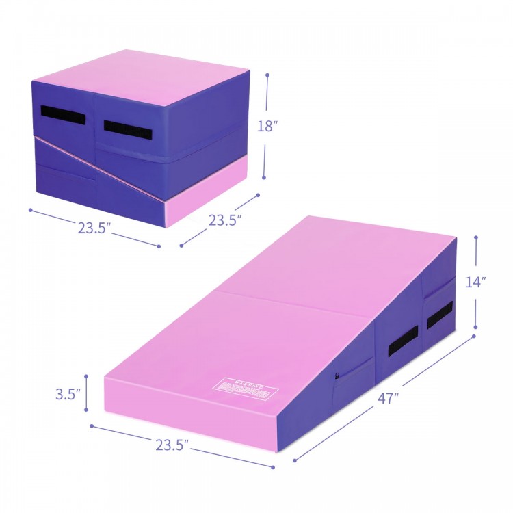 Folding wedge exercise gymnastics mat in purple and pink, featuring handles and high-density EPE foam for versatile.