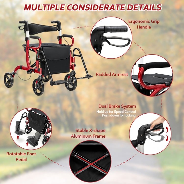 Folding rollator walker in red with 8-inch wheels, padded seat, and adjustable handle for seniors and those with.