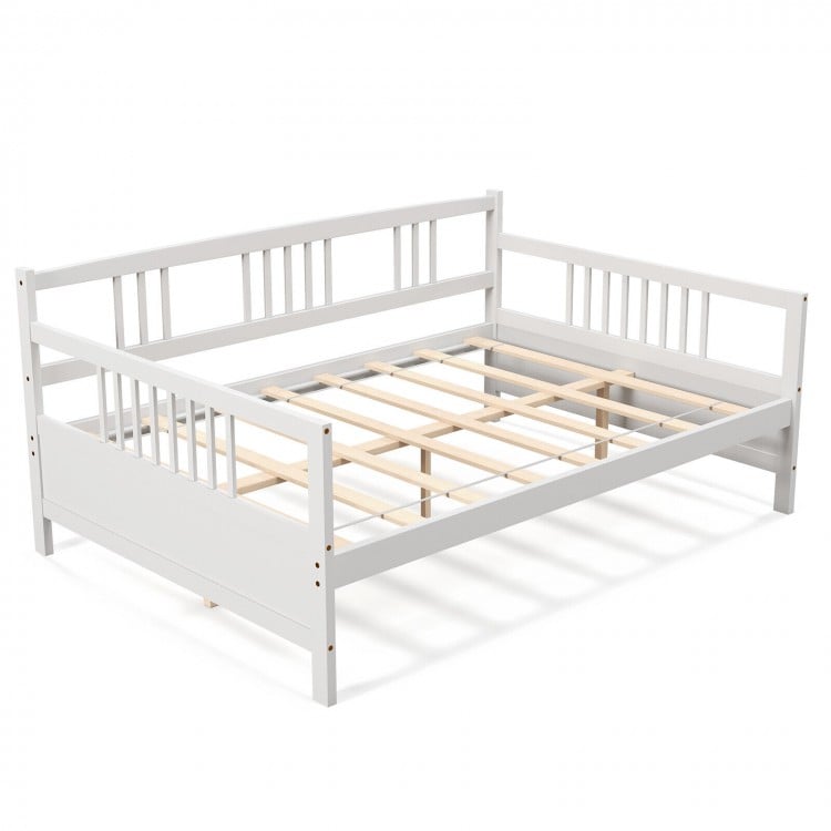 Full size white daybed frame with guardrails, solid wood, dual-use for sofa, ample under-bed storage, elegant retro.