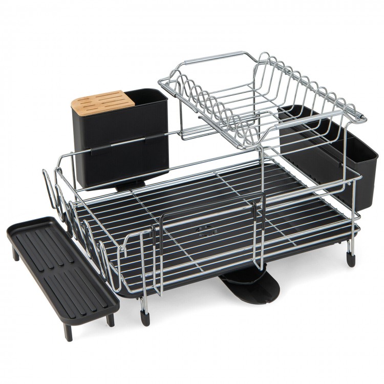 2-tier detachable dish drying rack with cutlery holder, anti-rust metal frame, and removable drip tray for easy drying.