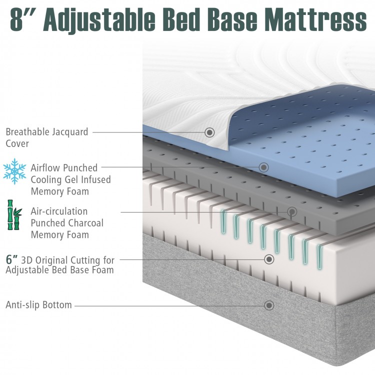 8-inch gel memory foam mattress with breathable cover and anti-slip bottom, designed for adjustable beds for optimal.
