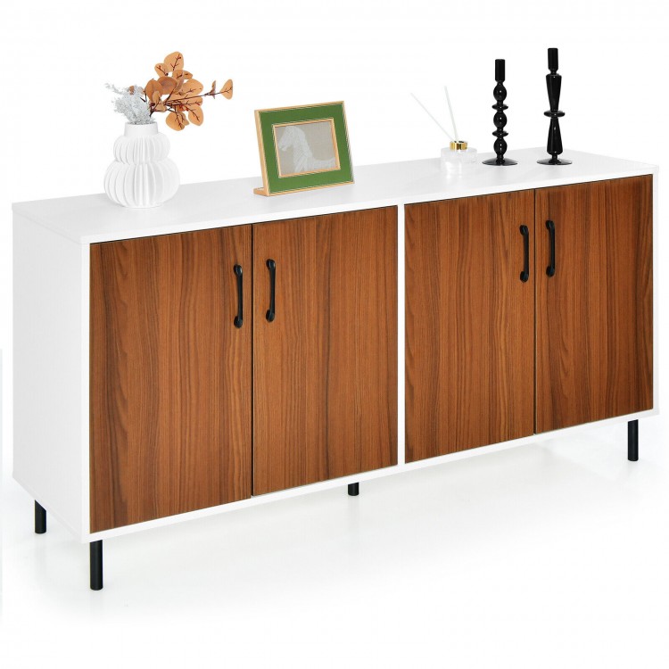 4-door kitchen buffet sideboard in white with wood finish, featuring spacious storage compartments for dining room.