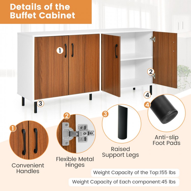 4-door kitchen buffet sideboard in white with wood grain finish, featuring spacious storage and anti-slip foot pads.