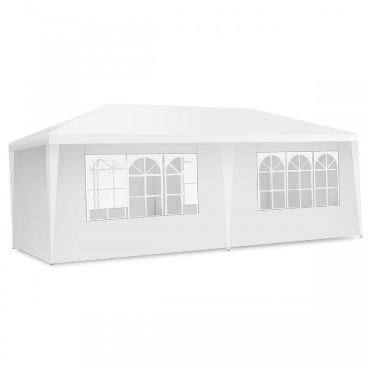 10 x 20 feet white canopy tent with 6 sidewalls and windows, ideal for outdoor events like parties and weddings.