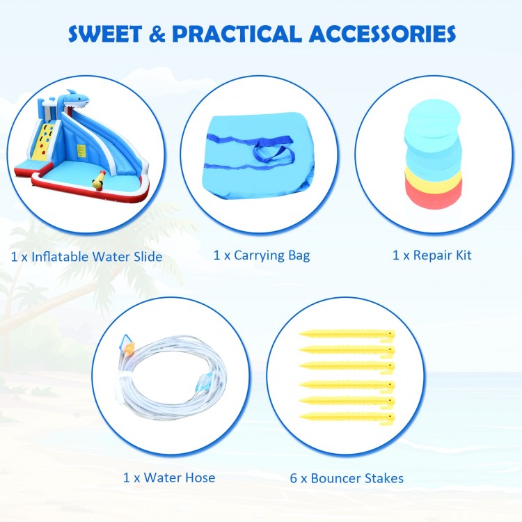 Inflatable water slide accessories including a carrying bag, repair kit, water hose, and bouncer stakes for stability.