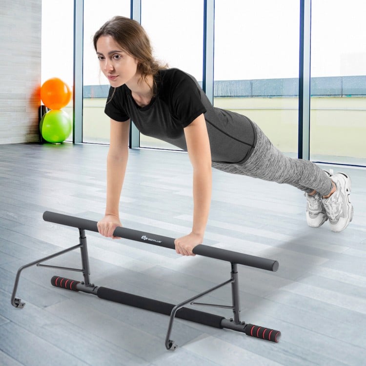 Foldable pull-up bar for doorway, made of robust steel with non-slip foam handles, ideal for home strength training.