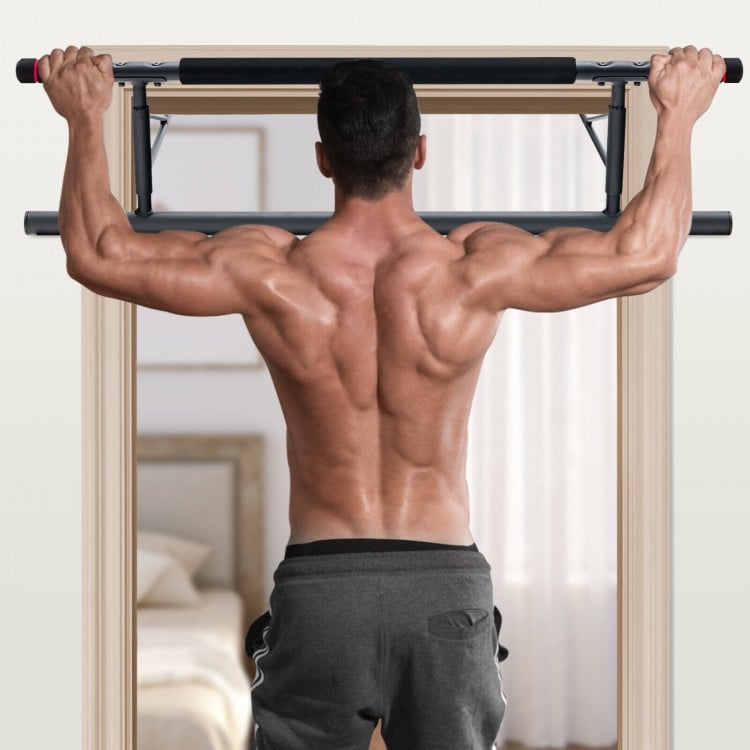 Pull-up bar for doorway with ergonomic foam handles, easily mounts without drilling, suitable for versatile home.